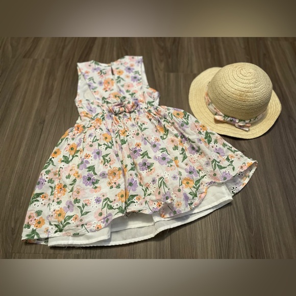 Little Lass White floral A-Line Sundress Sleeveless with hat size 6 - Picture 3 of 7